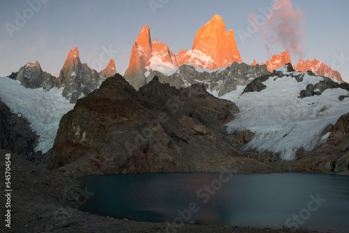 Beautiful orange sunrise on the Fitz Massif in Patagonia