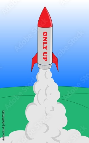 Vertical digital art of a red and grey rocket flying up