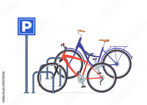 Bicycle parking. Modern bicycles at parking sign. Vector illustration.