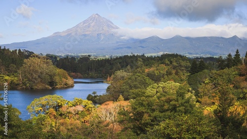 Scenic view of Lake Mangamahoe with beautiful Mount Taranaki in the background in New Zealand