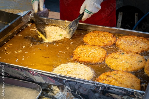 Closeup of frying mung bean pancakes (bindaetteok) in Gwangjang Market, Seoul photo