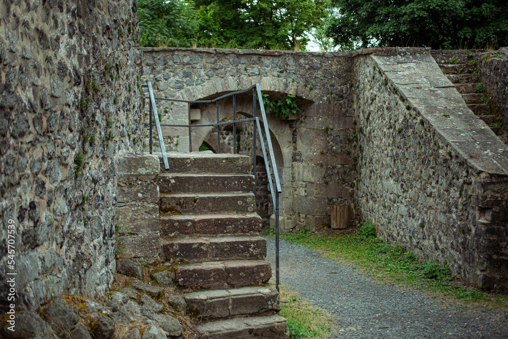 Scenic view of stone stairs with handrails in an old park with green trees
