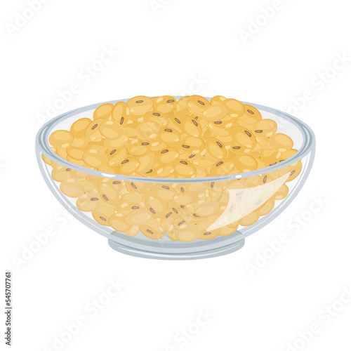Soybeans in glass transparent bowl. Vector cartoon illustration of healthy wholesome food. Protein food