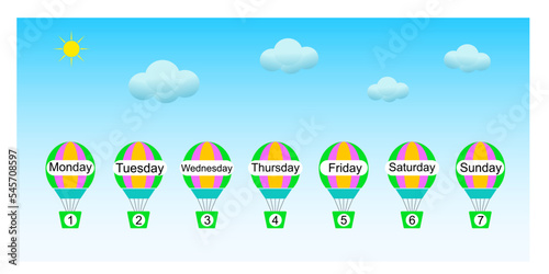 Educational material for kids. Learn days of the week. Cartoon hot air balloon design with Days of the week cards. Vector illustration