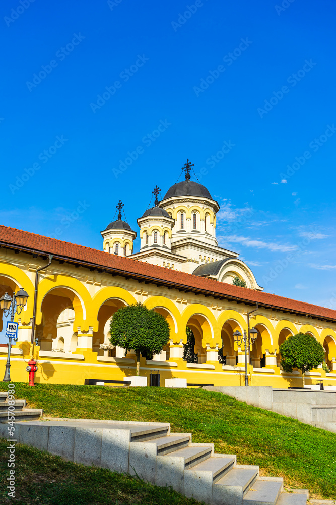 View of orthodox cathedral on sunny day in Alba Iulia, Romania, 2021