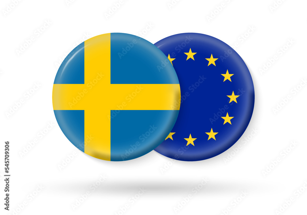 Sweden and EU circle flags. 3d icon. European Union and Swedish national symbols. Vector illustration. Sweden and EU circle flags. 3d icon. European Union and Swedish national symbols. Vector illustration.