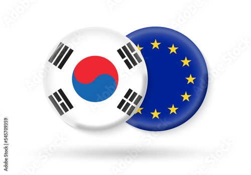South Korea and EU circle flags. 3d icon. European Union and South Korean national symbols. Vector illustration.