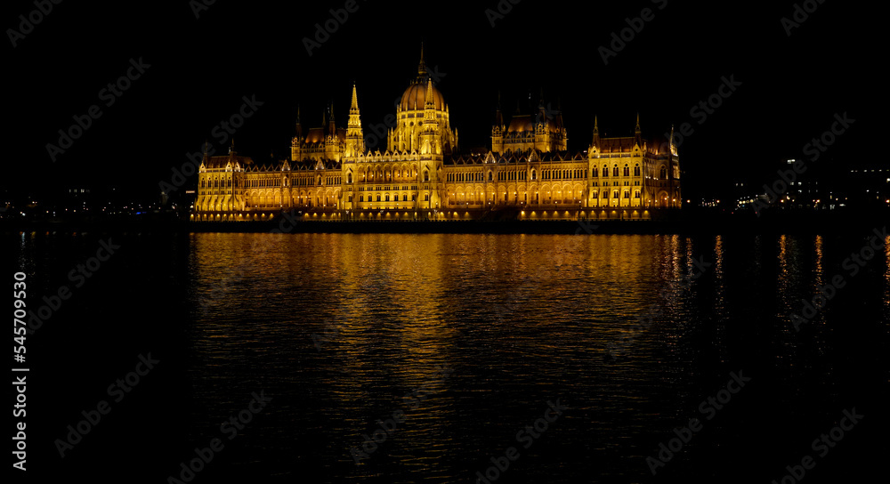 Famous Hungarian Parliament Building reflecting on the water surface at night
