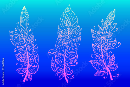 Colorful creative feather set. Vector artistic illustration.
