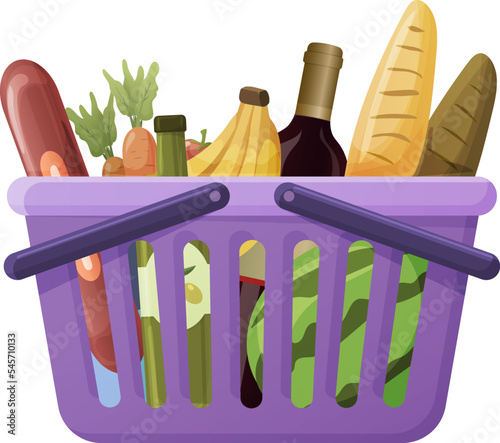 Supermarket shopping cart full of fresh grocery products