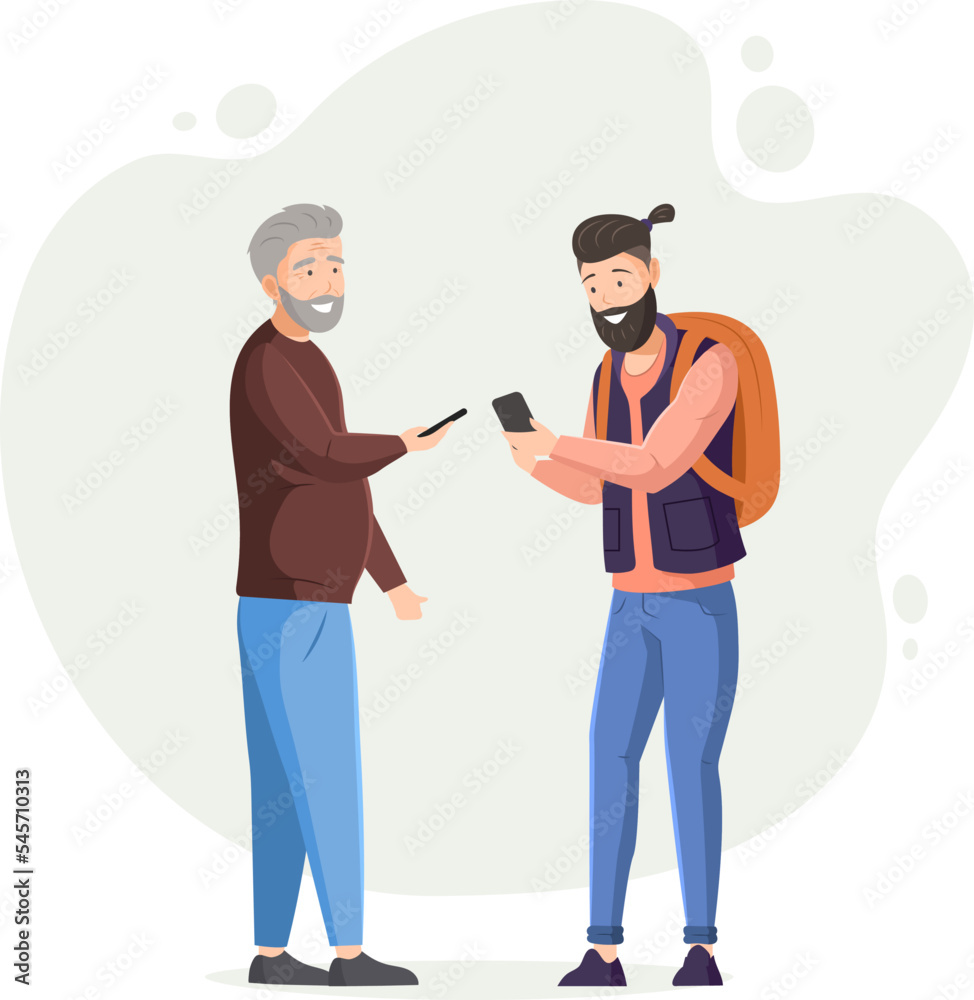 Two men with phones in their hands standing and communicating