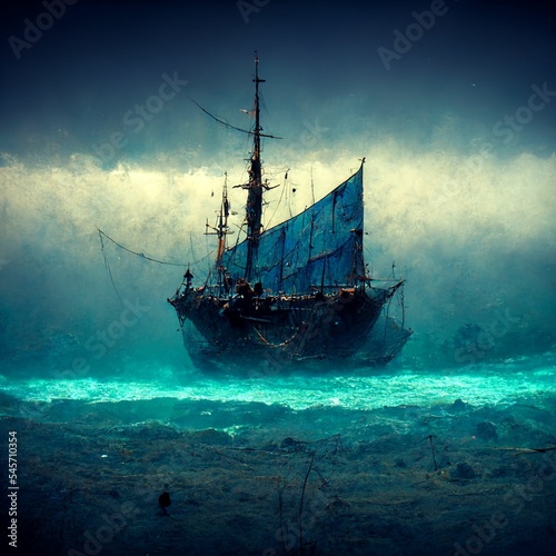 Digital drawing of a pirate ship in ocean waves at night