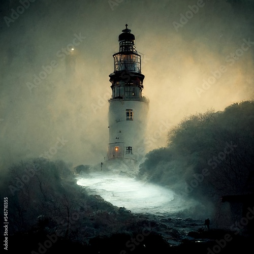 Digital drawing of a lighthouse against ocean waves at a foggy night