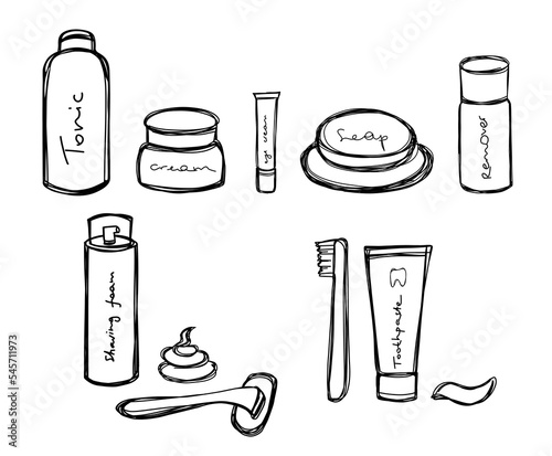 Cute doodle bathroom accessories, icons and objects. Set of bath accessories in doodle style. Vector illustration