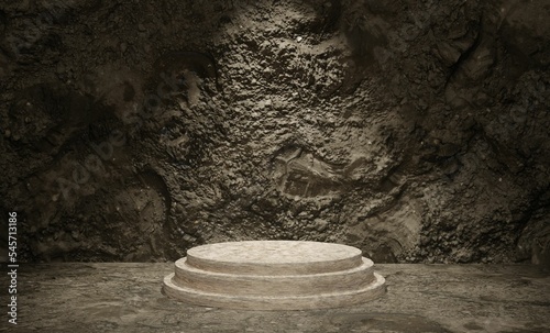 3D rendering of a marble podium under the limelight against a cave wall