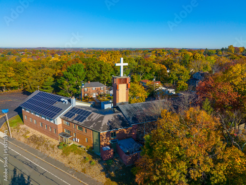 St Paul Lutheran Church aerial view in fall at 929 Concord Turnpike, in town of Arlington, Massachusetts MA, USA.  photo