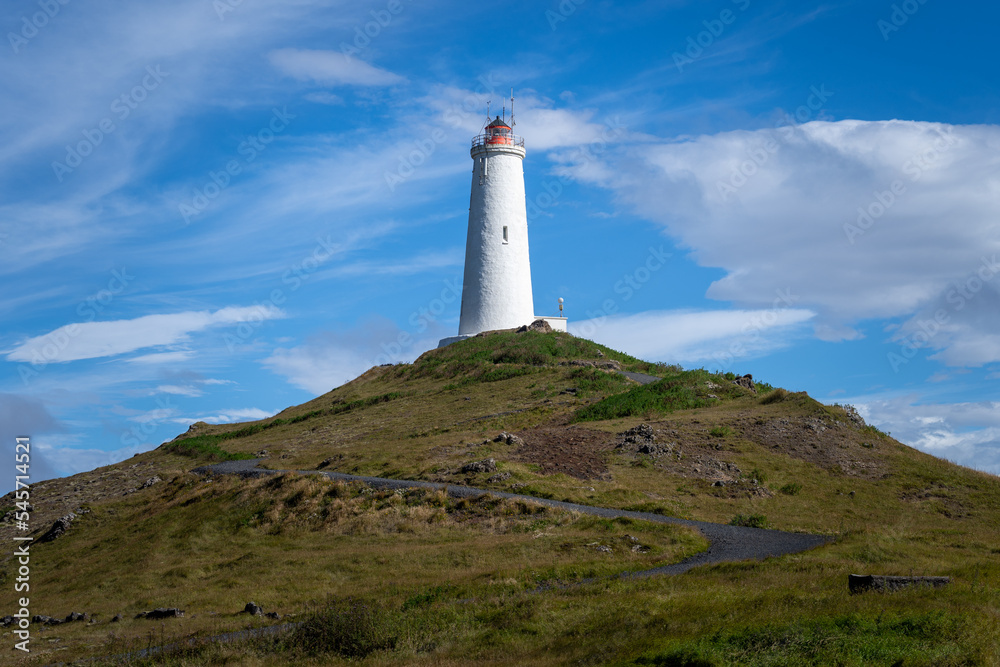 Reykjanes lighthouse on top of hill at Reykjanes peninsula, Iceland, Europe