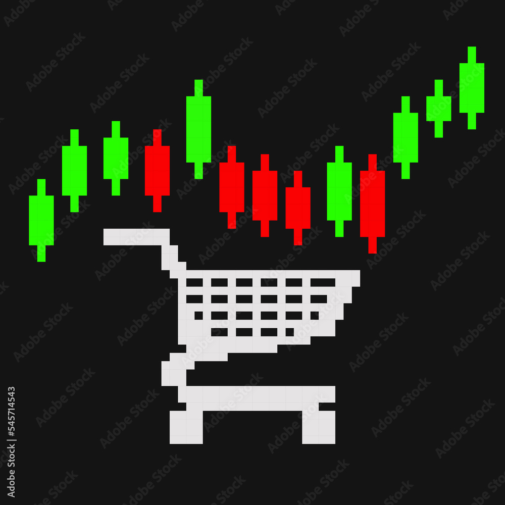 Financial analytics. Growth and decline of stocks, cryptocurrencies in the securities market. Shopping cart with red and green indicator icons on a black background. Pixel retro style