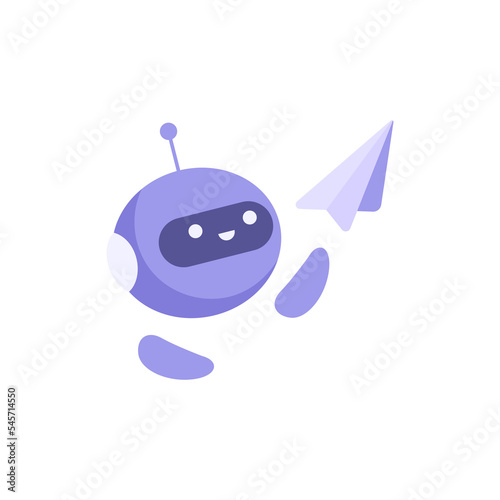A cute robot launches a paper airplane. Chatbot concept, messenger communication. Answers to questions, virtual assistant, support. Isolated logo