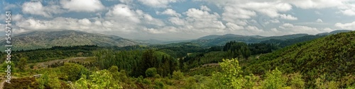 Panoramic shot of green landscapes under the cloudy sky