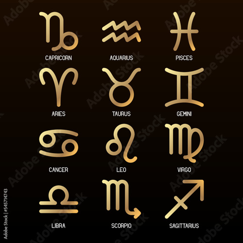 Zodiac horoscope astrological thin line label linear design esoteric stylized elements symbols signs. Vector illustration icons