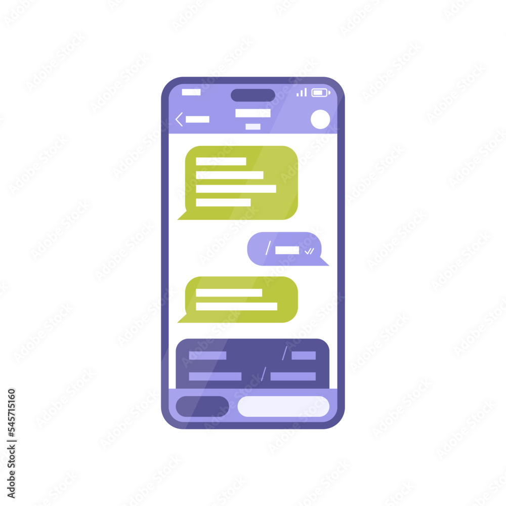 Chat with a bot on a smartphone screen. Messenger app. Chatbot concept, answering questions, virtual assistant. Isolated phone in a flat style Chat with a bot on a smartphone screen. Messenger app. Chatbot concept, answering questions, virtual assistant. Isolated phone in a flat style