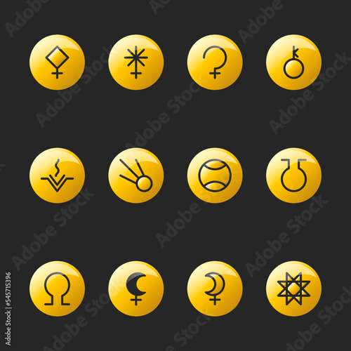 ASTEROID GODDESSES zodiac horoscope thin line label linear design esoteric stylized elements symbols signs. Vector illustration icons