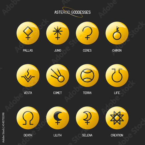 ASTEROID GODDESSES zodiac horoscope thin line label linear design esoteric stylized elements symbols signs. Vector illustration icons