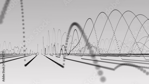 Oscillating sine waveforms flowing up and down at high frequency towards the camera. This physics oscillation concept motion background is 4K and a seamless loop.