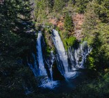 High-angle shot of Burney Falls surrounded by vegetation in Shasta County, California