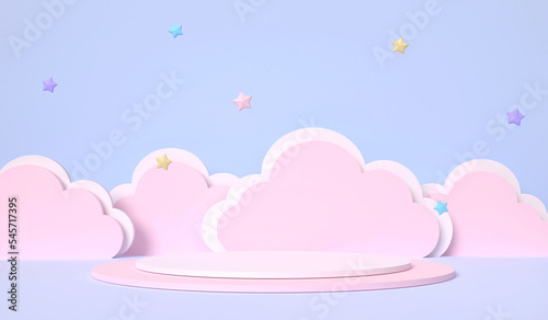 3D rendering pastel pink platform with papercut clouds and stars on pastel purple blue sky background, cartoon style for kid, children product presentation.