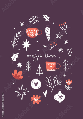 New year greeting card with christmas decor and lettering magic time. Simple hugge poster. Contemporary art