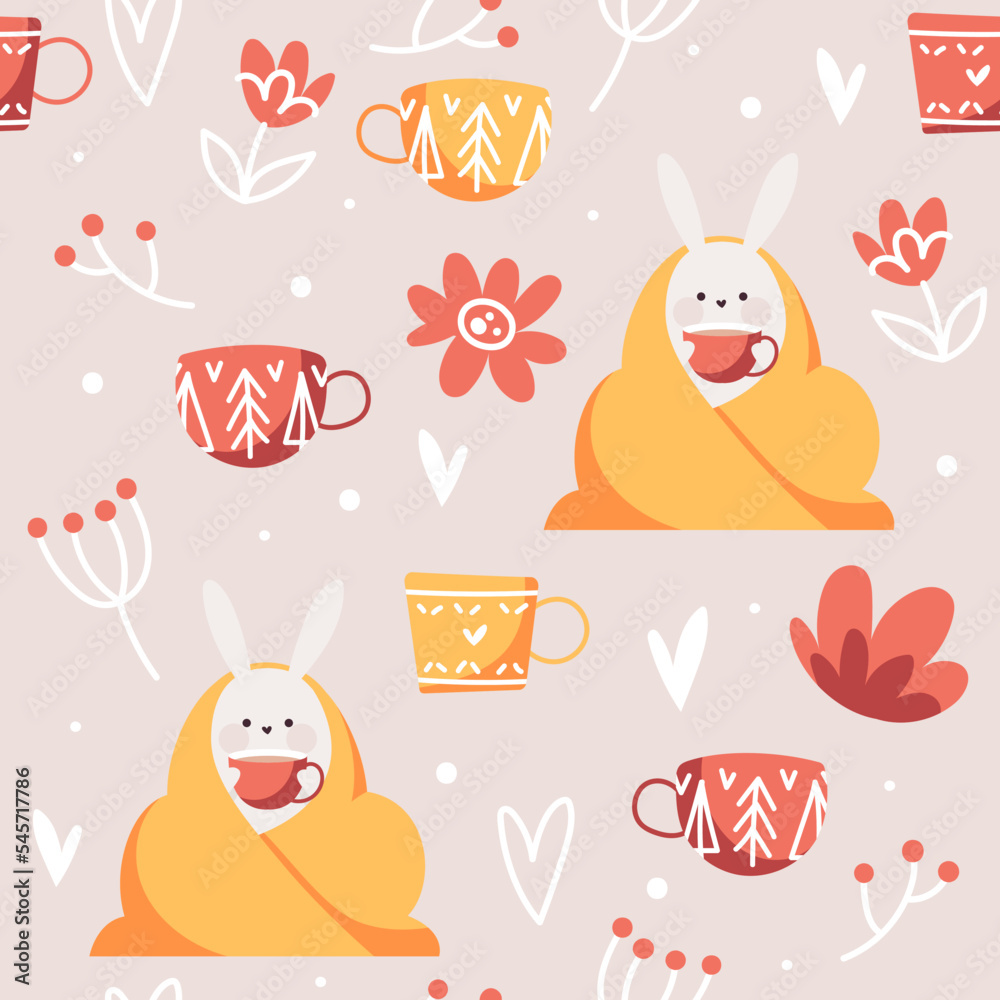 Seamless pattern with cute autumn rabbits and winter details. Abstract background in scandinavian style. Flat illustration with bunnies and cups Seamless pattern with cute autumn rabbits and winter details. Abstract background in scandinavian style. Flat illustration with bunnies and cups