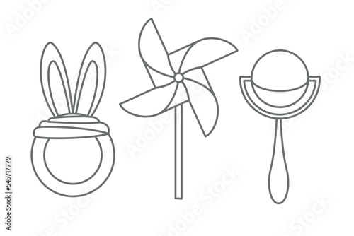 Vector set with baby Rattle, Pinwheel and Teething Toy. Illustration of Teether and Whirligig in outline style. Sketch of baby elements in black colors on isolated background for newborn shower.