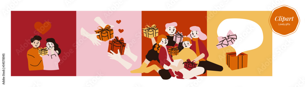 Gifting between couple and family, gifts to loved ones, illustration in warm vibrant colours