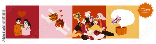 Gifting between couple and family, gifts to loved ones, illustration in warm vibrant colours © Pris T.
