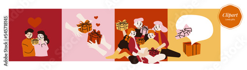 Gifting between couple and family, gifts to loved ones, illustration in warm vibrant colours