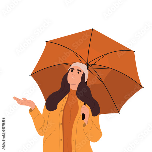 Rainy season with umbrella young happy girl catching rain with hands.Flat vector illustration