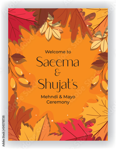 Orange leaf, autumn leaf falling wedding invitation poster, orange background, Asian Autumn wedding invitation poster design (ID: 545718738)