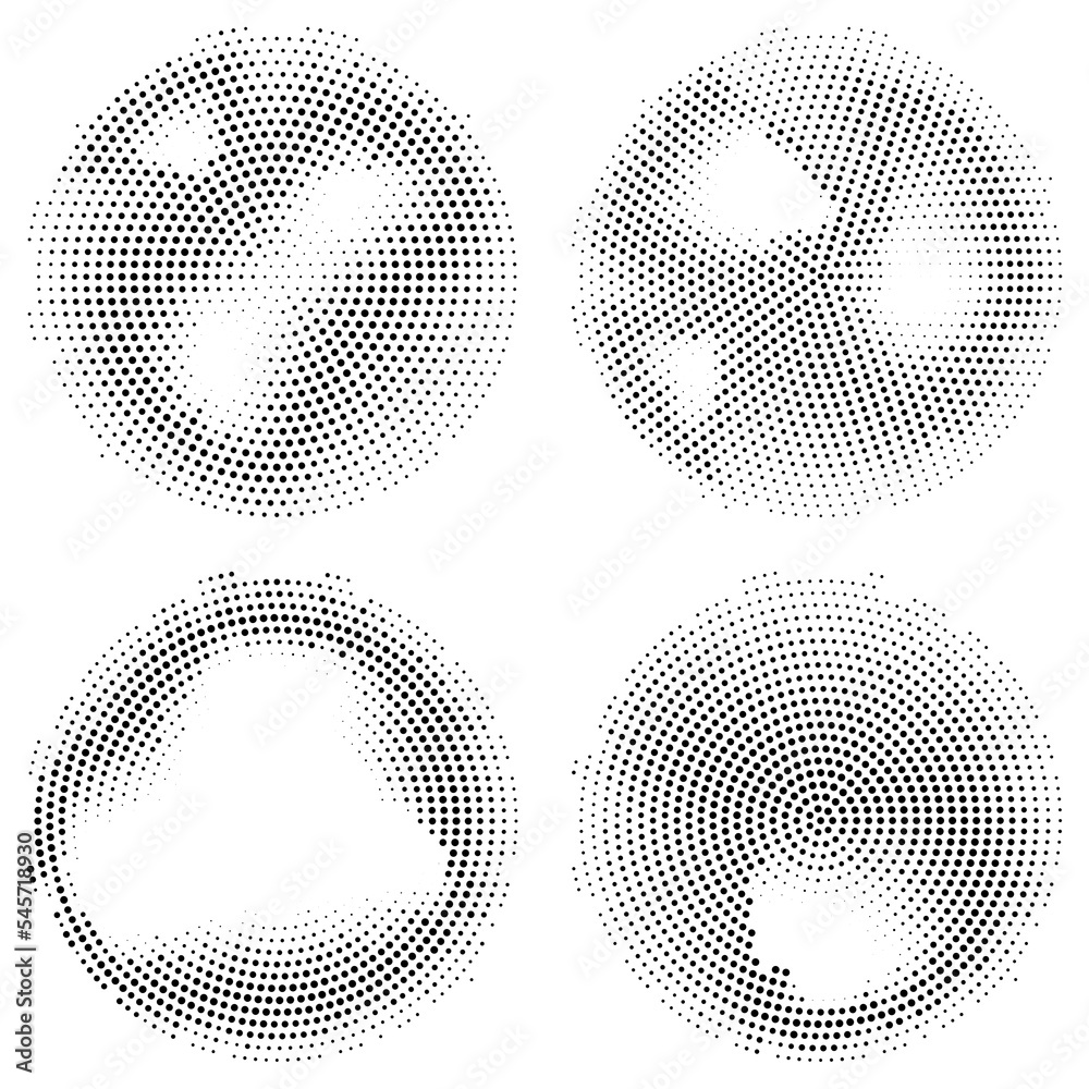 Vector set of circles from chaotic dots. Halftone and noisy speckle.