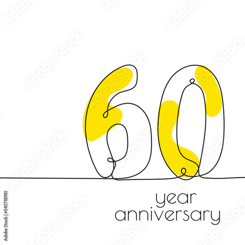 60 year anniversary. Vector illustration 60th hand drawn with continuous line.