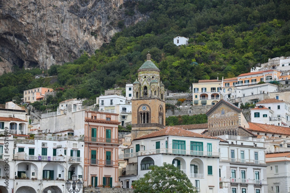 Scenic view of the colorful buildings in Amalfi, Italy on a cloudy day