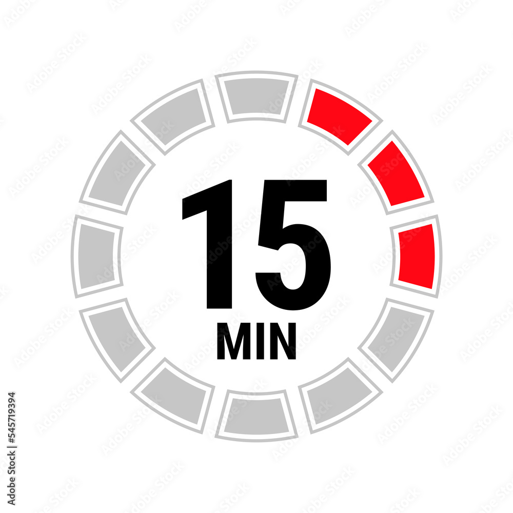 15 minute vector icon, stopwatch symbol, countdown. Isolated illustration with timer. 15 minute vector icon, stopwatch symbol, countdown. Isolated illustration with timer.