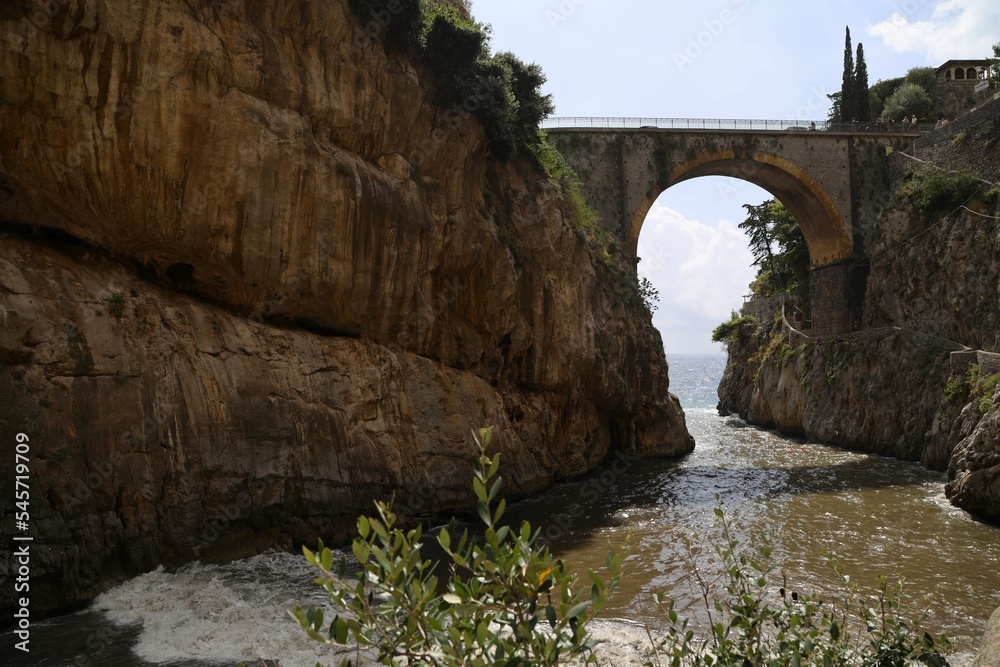 View of the bridge above the fjord at Fiordo di Furore on the Amalfi Coast,Italy and rocky mountains