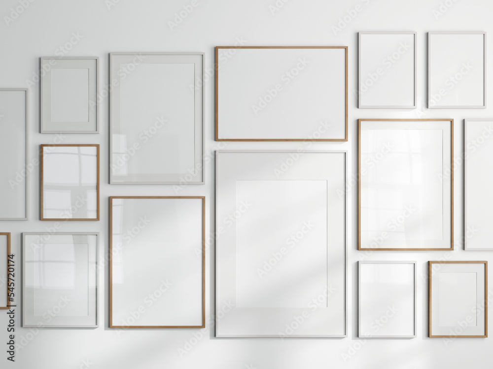 Gallery wall mockup, set of frames on the wall, 3d render Gallery wall mockup, set of frames on the wall, 3d render