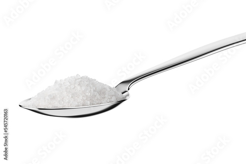 Teaspoon with rock coarse salt isolated on white.