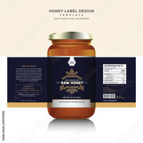 Pure and natural flower honey label jar template design with honey logo.