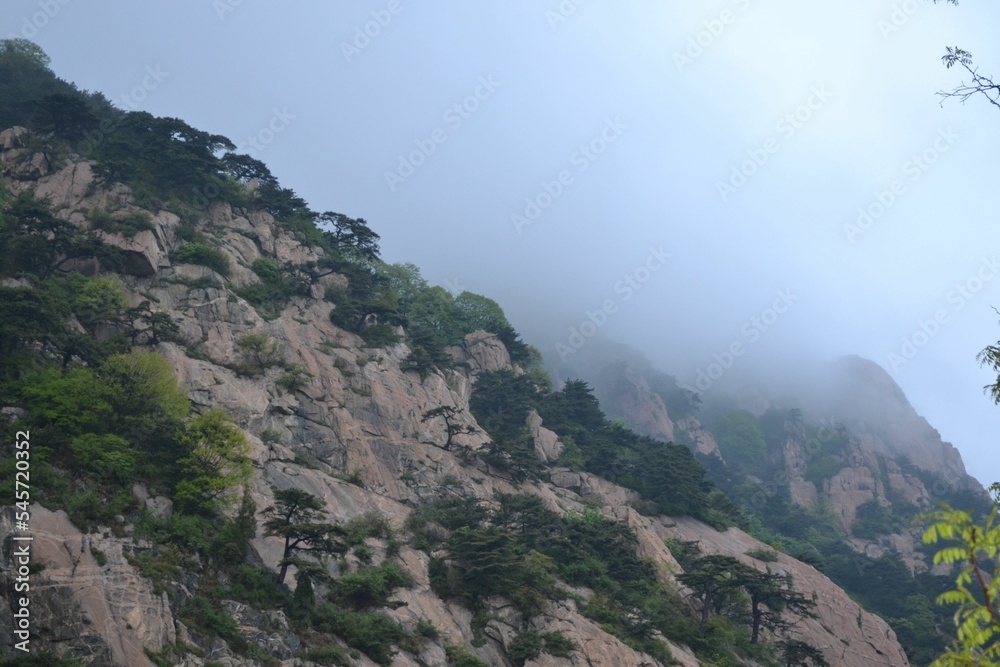 Peaks, trees and fog at Mount Taishan, China