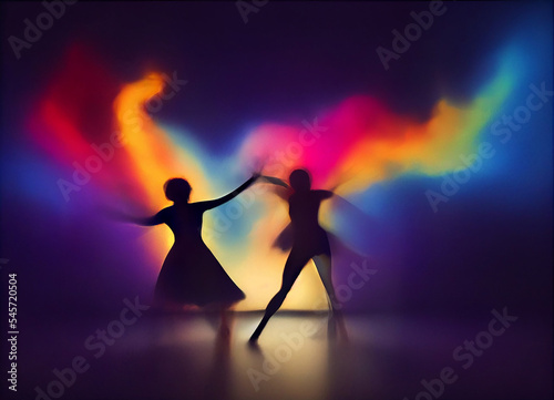 Silhouette of dancing group people colorful backlit