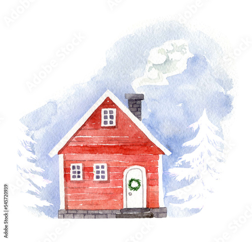 Watercolor postcard with Christmas house in the winter forest. Scandinavian theme. Hand-drawn illustration isolated om the white background